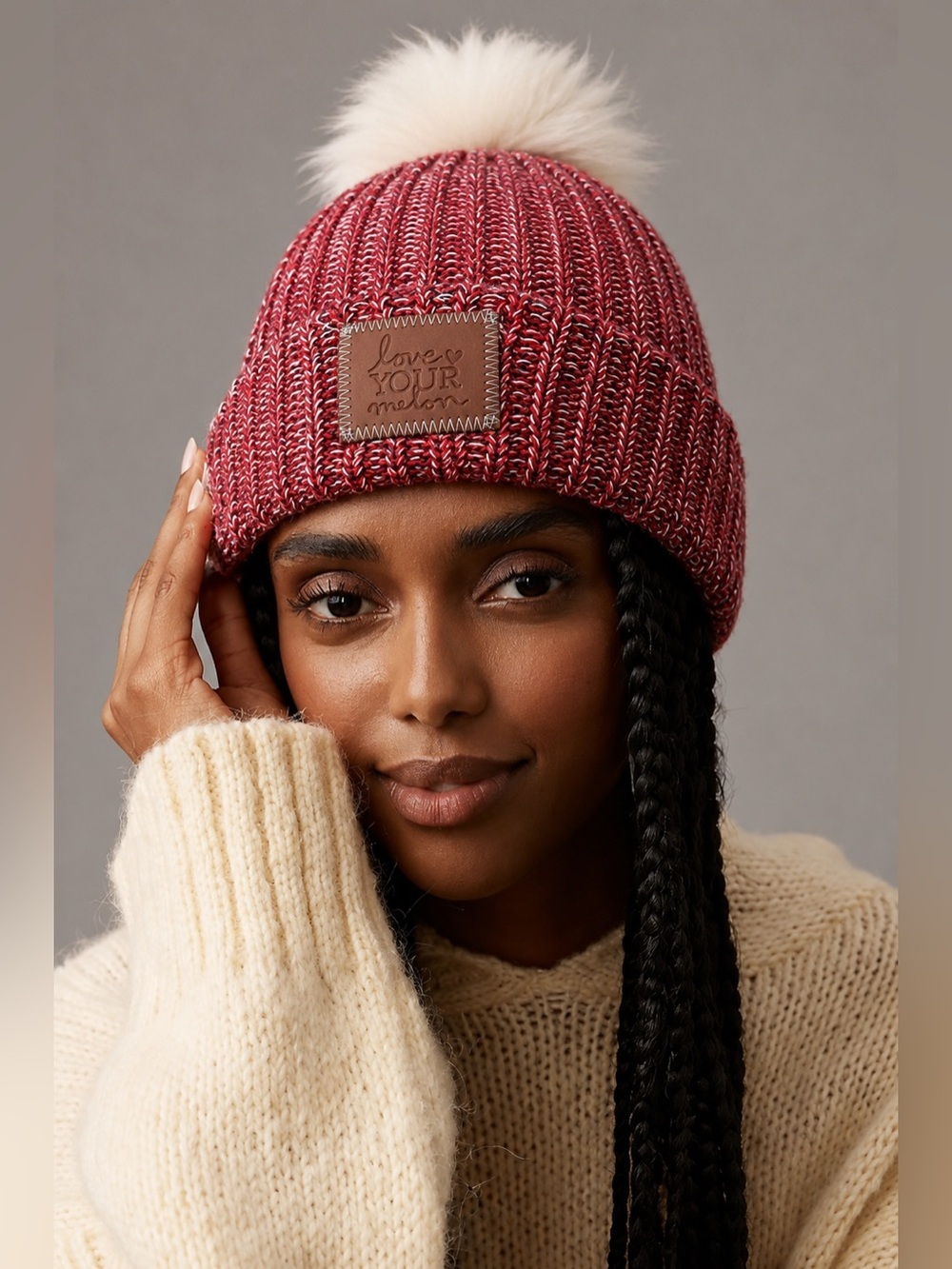 Love Your Melon Red Black White Pom Pom Knit Beanie Hat